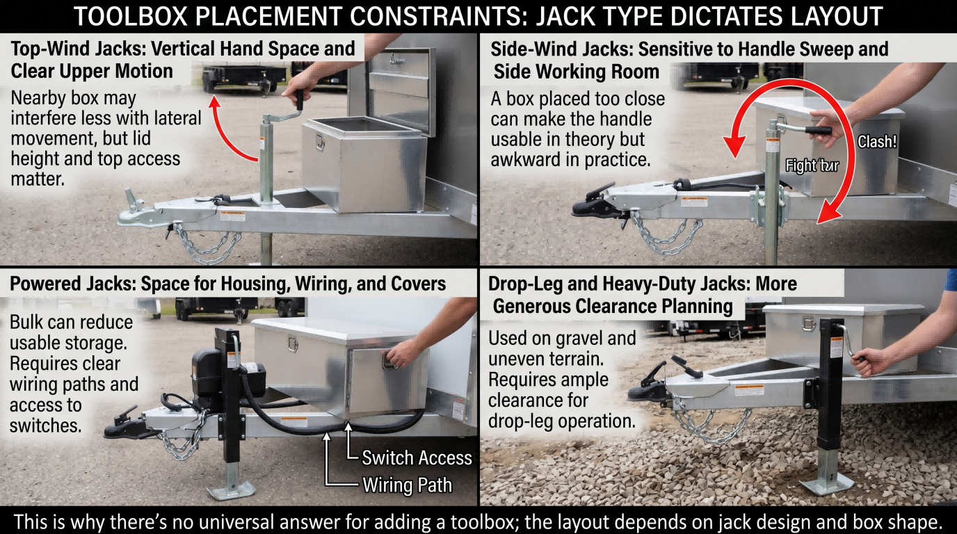 Front-end layout pressure examples across utility, equipment, RV, and contractor trailers, showing how trailer type changes toolbox placement challenges